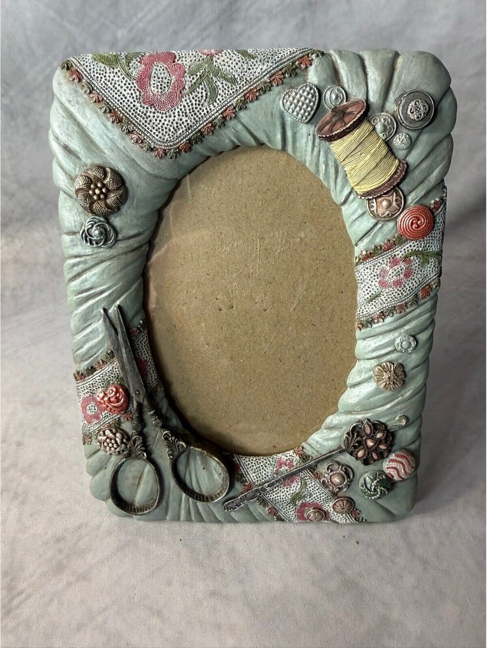 Sewing Themed Picture Frame Scissors Thread Buttons Lace Shabby Chic Cottagecore